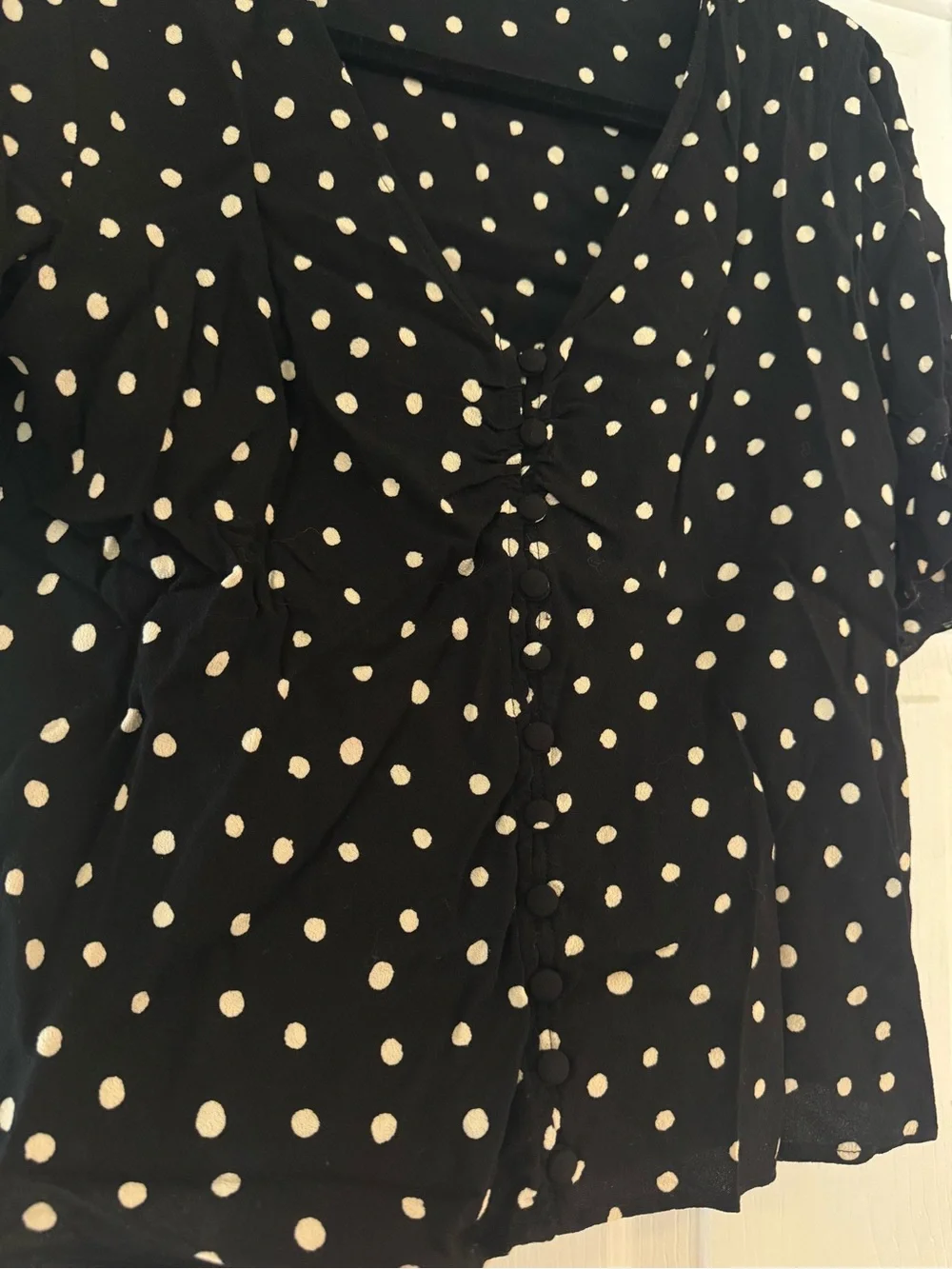 Madewell Black Polka Dot Tie-Front Puff Sleeve Top